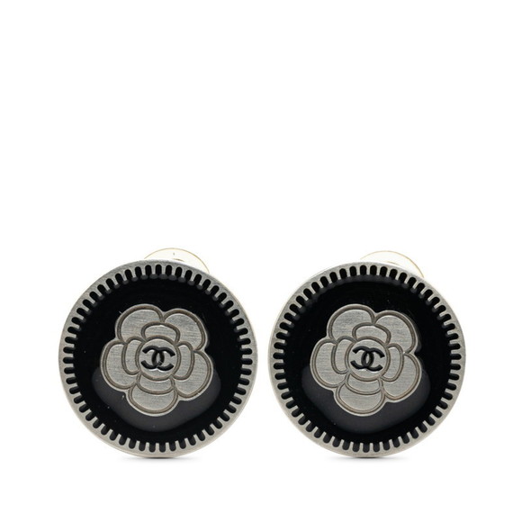 Chanel Coco Mark Camellia Earrings Silver Black Metal Women's CHANEL - Picture 1 of 4